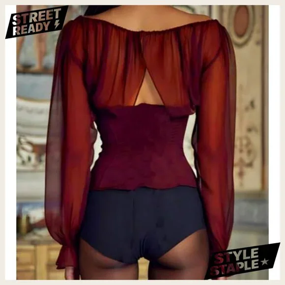 Large Polyester Corset Top with Sheer Long Sleeves Tie Front Blouse